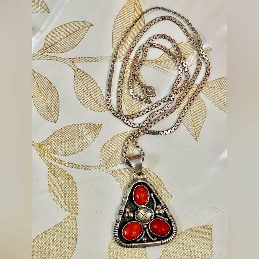 Lot Of 2 Southwest Native American Navajo Sterling Coral chain Pendant